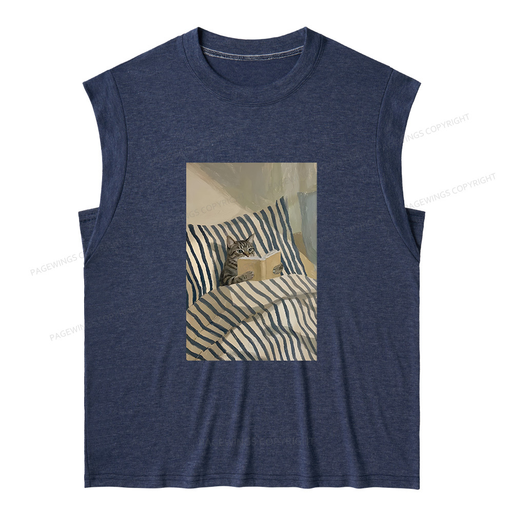 Pagewings Cat Reading Book In Bed 15459 Bookish Women's Heather Tank Top