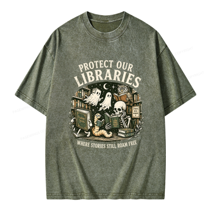 Pagewings Protect Our Libraries Unisex Washed T-shirt