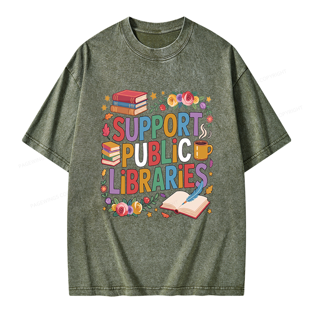 Pagewings Support Public Libraries Unisex Washed T-shirt