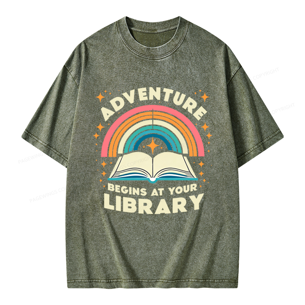 Pagewings Adventure Begins At Your Library Unisex Washed T-shirt