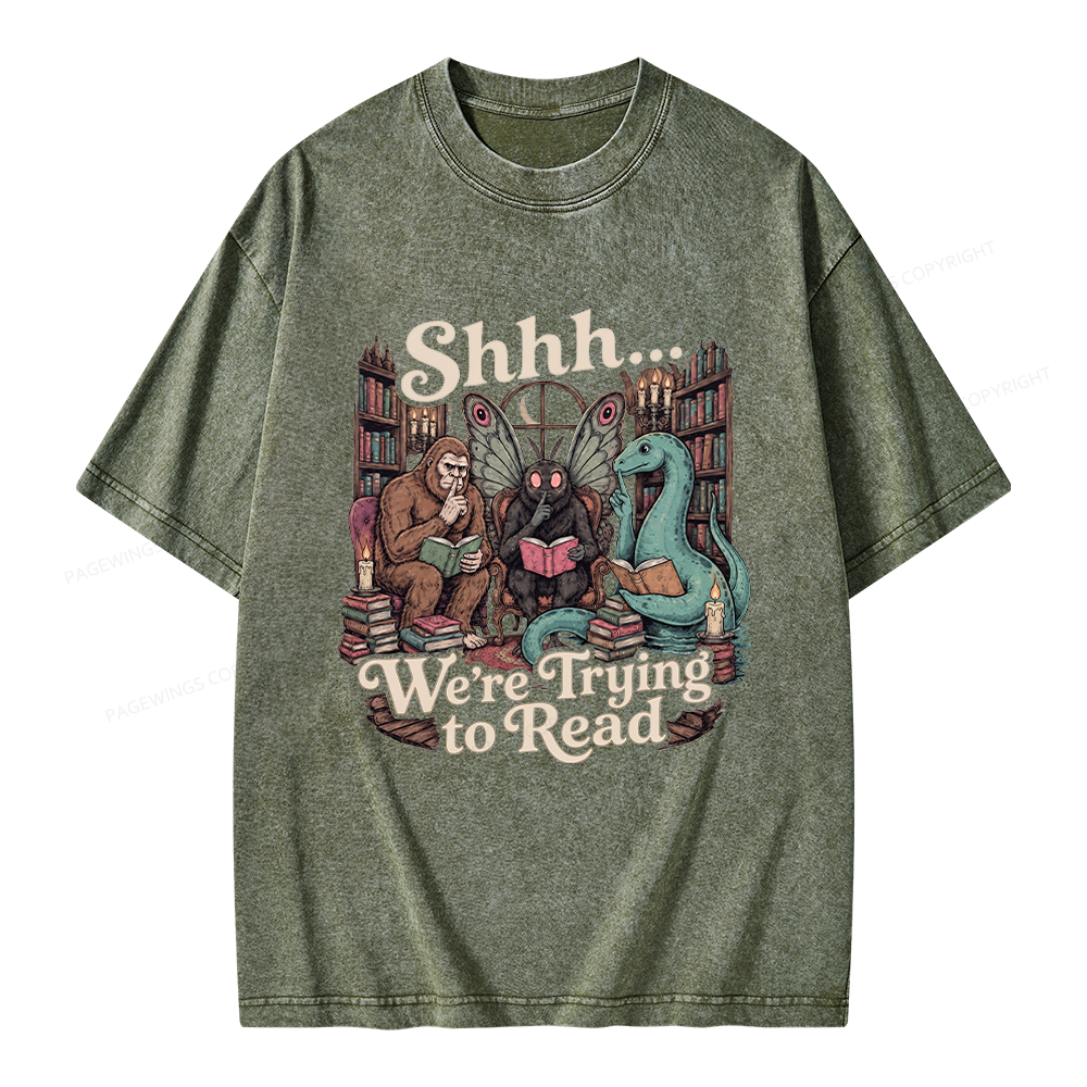 Pagewings Shhh We're Trying to Read Unisex Washed T-shirt