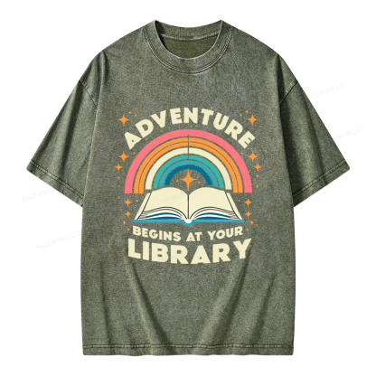 Pagewings Adventure Begins At Your Library Unisex Washed T-shirt
