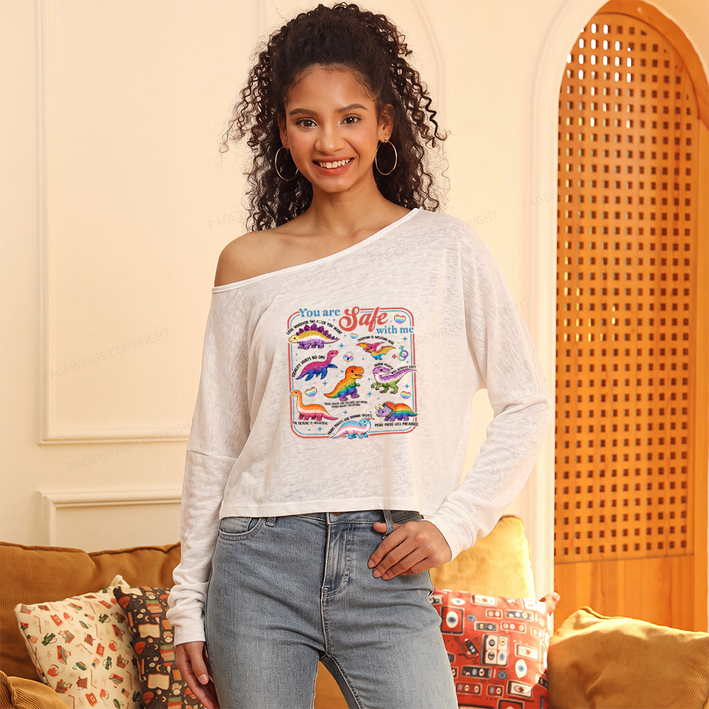 Pagewings Dinosaur Rainbow Slouchy Long Sleeve Off Shoulder T-shirts