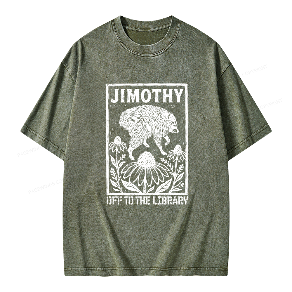 Pagewings Raccoon Meme Off To The Library Unisex Washed T-shirt