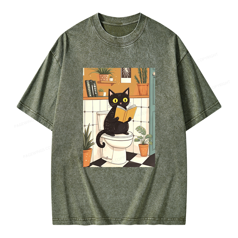 Pagewings Cat Reading on Toilet Unisex Washed T-shirt