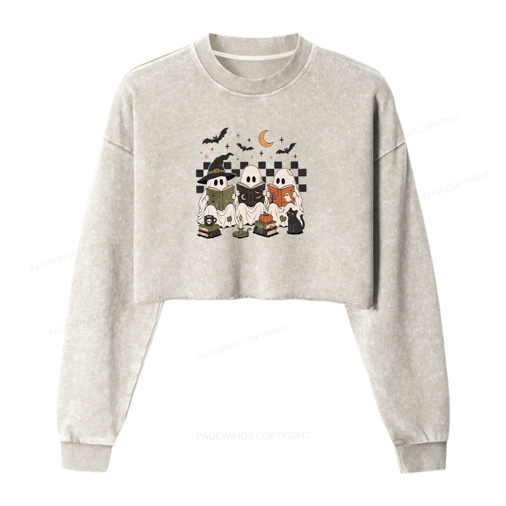 Pagewings Spooky Ghost Reading Books Washed Crop Sweatshirt