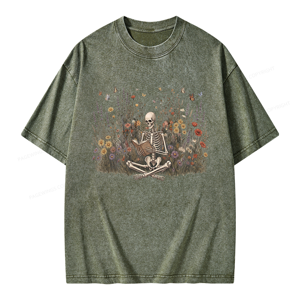 Pagewings Skeleton Reading Book Unisex Washed T-shirt