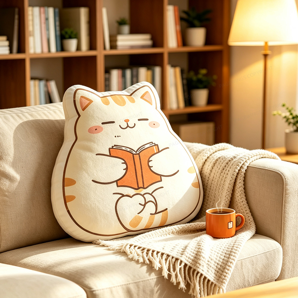 Pagewings Reading Cat Shaped Throw Pillow