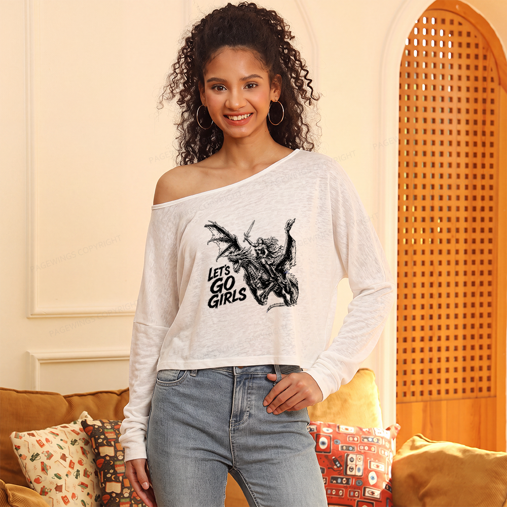 Pagewings Retro Dragon Rider Slouchy Long Sleeve Off Shoulder T-shirt