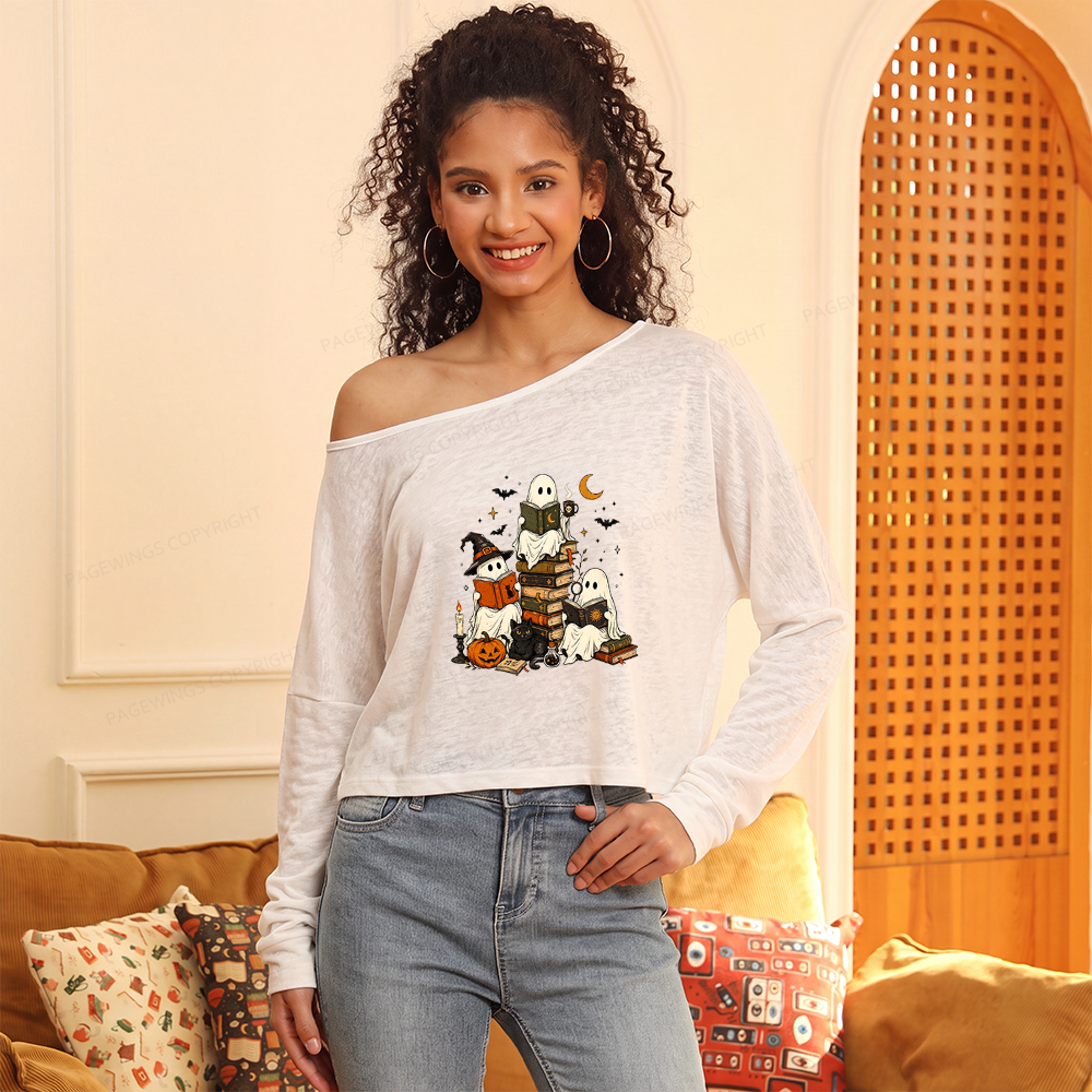 Pagewings Halloween Book Club Slouchy Long Sleeve Off Shoulder T-shirt