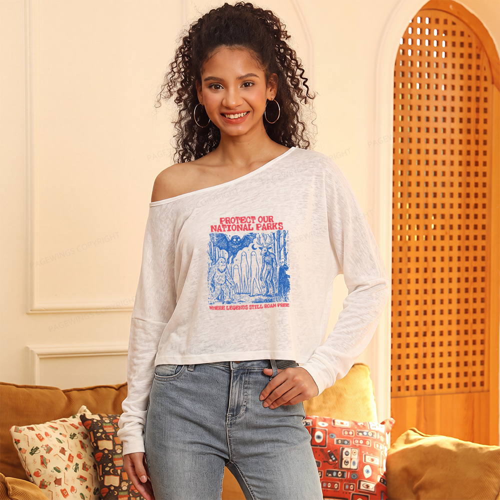 Pagewings Cryptid National Parks Slouchy Long Sleeve Off Shoulder T-shirt