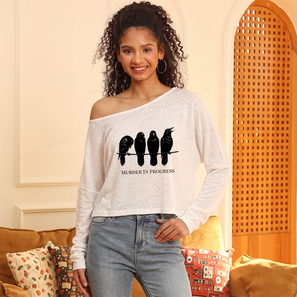 Pagewings Murder In Progress Slouchy Long Sleeve Off Shoulder T-shirt