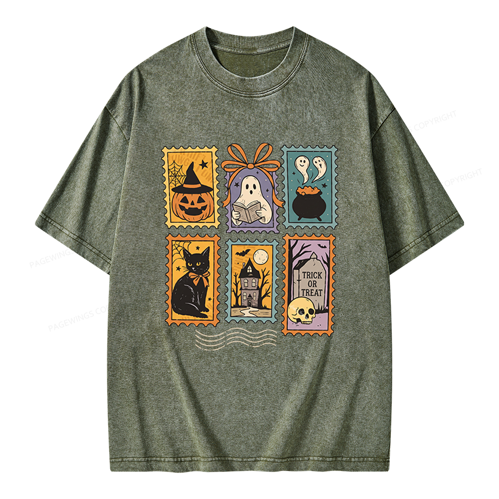 Pagewings Halloween Cute Ghost Pumpkin Cat Unisex Washed T-shirt