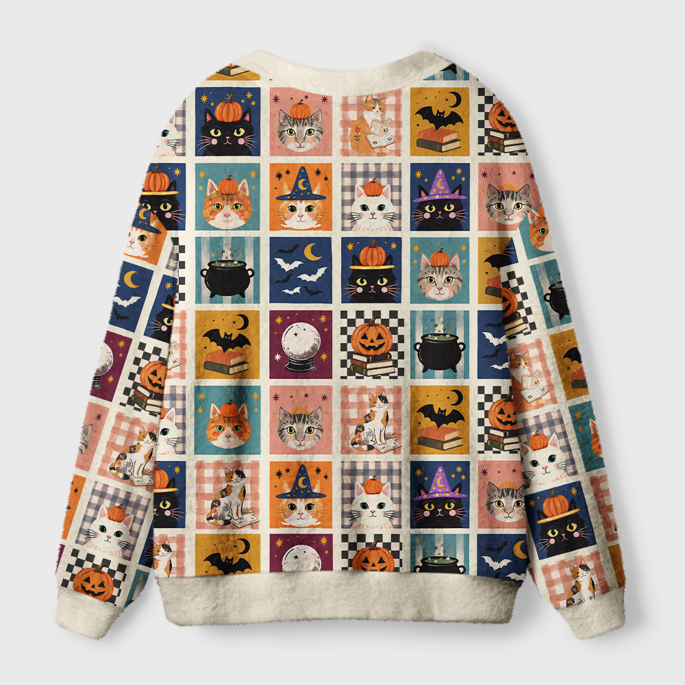 Pagewings Halloween cat reading Light Knit Unisex Cardigan Sweaters