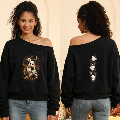 17173Pagewings Halloween Floral Ghost Bookish Women Off Shoulder Sweatshirt