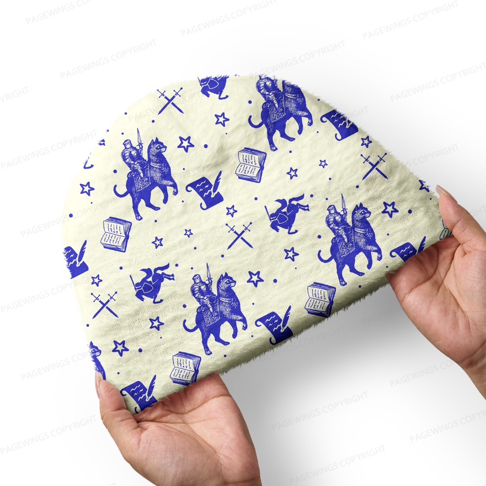 Pagewings Defend The Public Library Knight Book Print  Knit Patterned Beanie