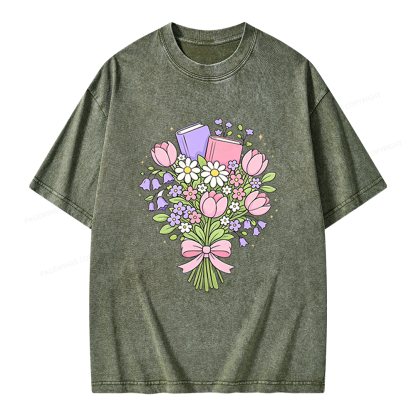 Pagewings Spring Book Bouquet Unisex Washed T-shirt