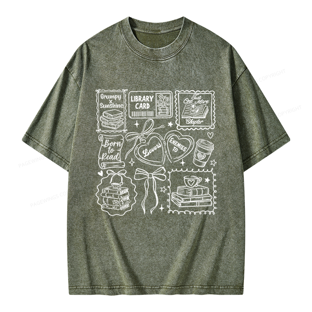 Pagewings Retro Book And Coffee Unisex Washed T-shirt