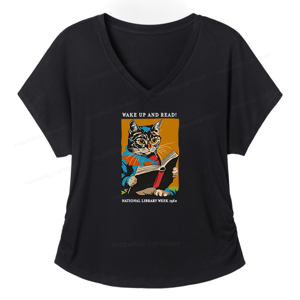 Pagewings Cat Reading Poster Soft Women's Modal V-neck T-shirt