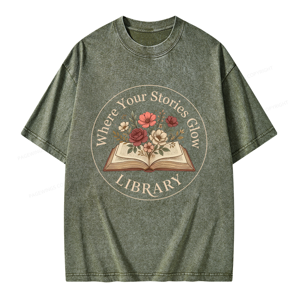 Pagewings Where Your Stories Glow Library Unisex Washed T-shirt