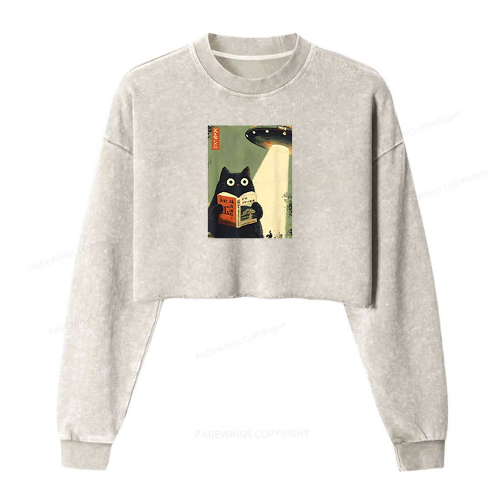 Pagewings Vintage Cat Book Lovers Washed Crop Sweatshirt