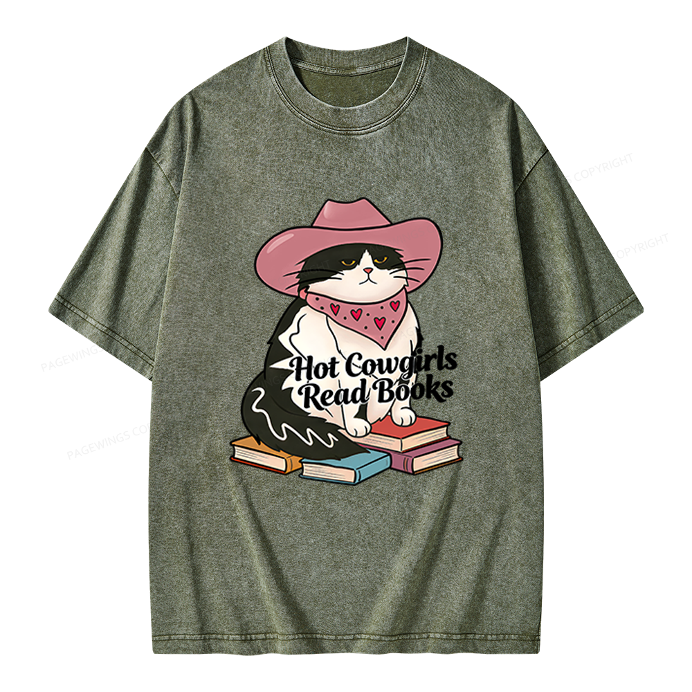 Pagewings Hot Cowgirls Read Books Unisex Washed T-shirt