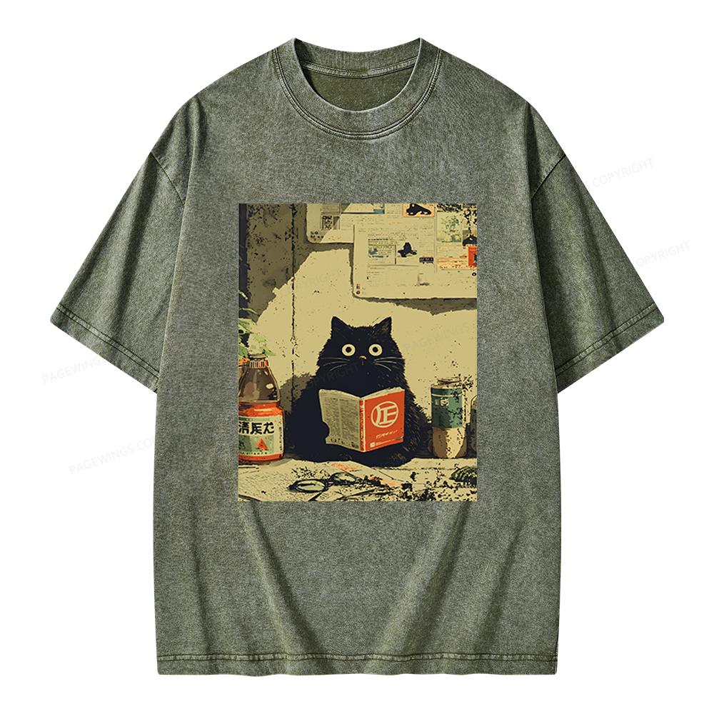Pagewings Vintage Cat Book Unisex Washed T-shirt