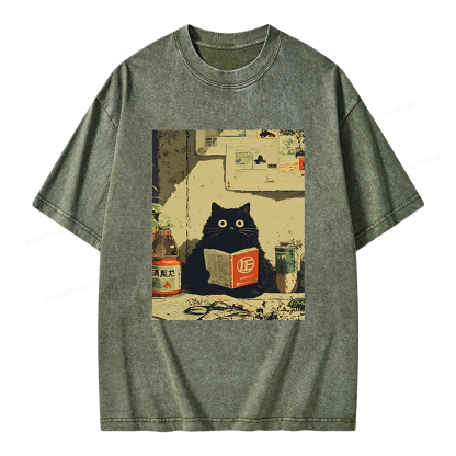Pagewings Vintage Cat Book Unisex Washed T-shirt