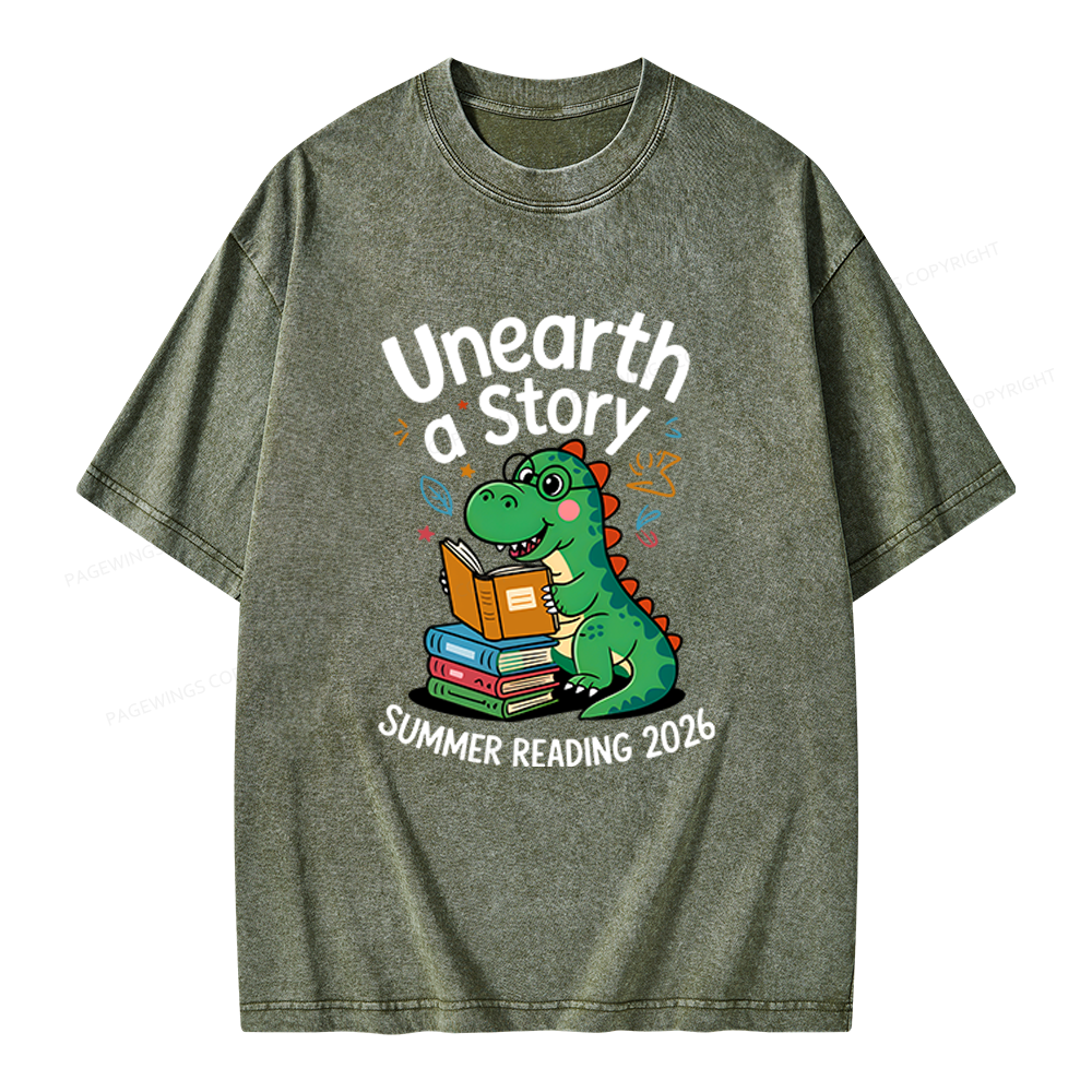 Pagewings Unearth a Story Dinosaur Summer Reading 2026 Unisex Washed T-shirt