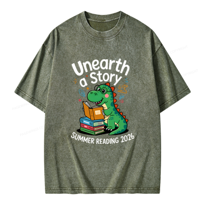 Pagewings Unearth a Story Dinosaur Summer Reading 2026 Unisex Washed T-shirt