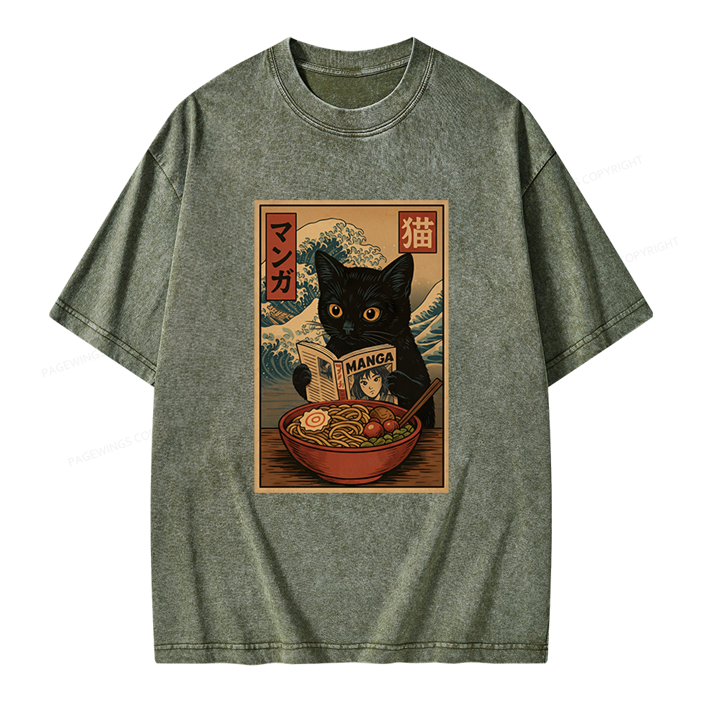 Pagewings Cat Reading Unisex Washed T-shirt
