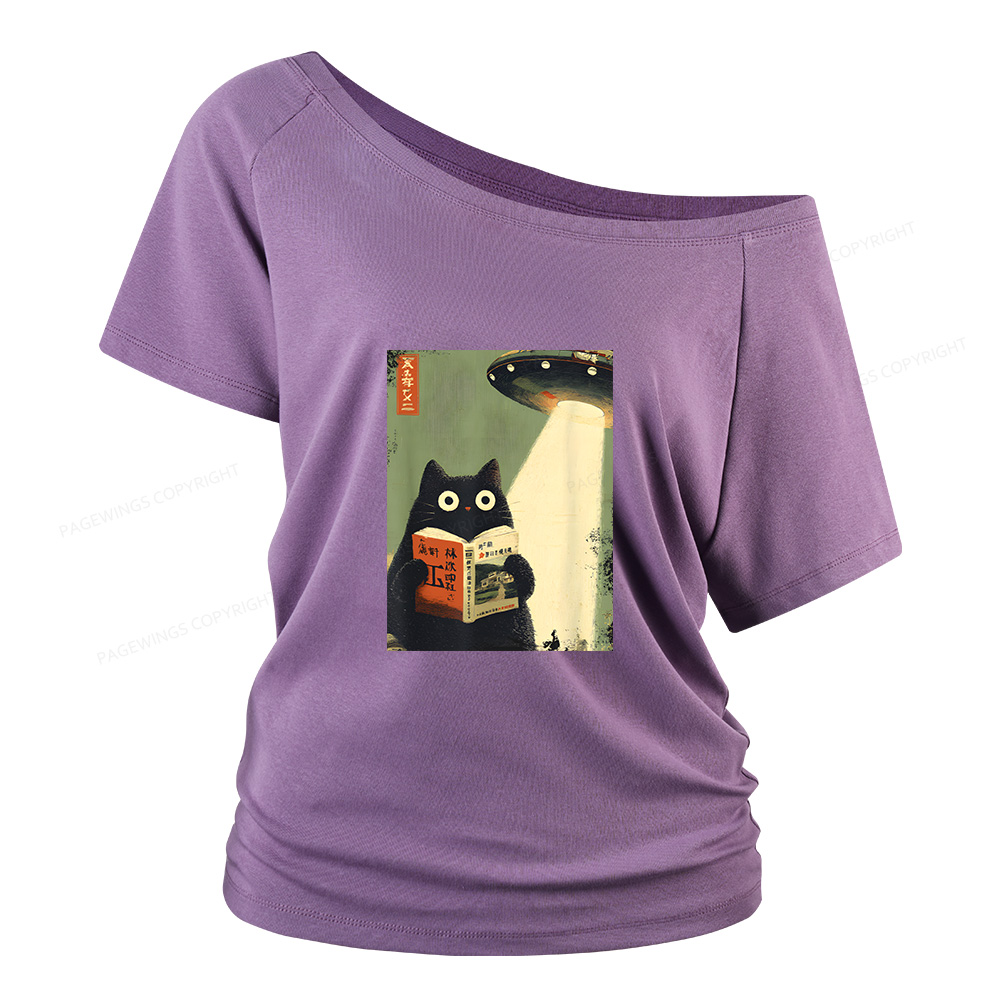 Pagewings Vintage Japanese Cat Book Lovers Women Off Shoulder T-shirts