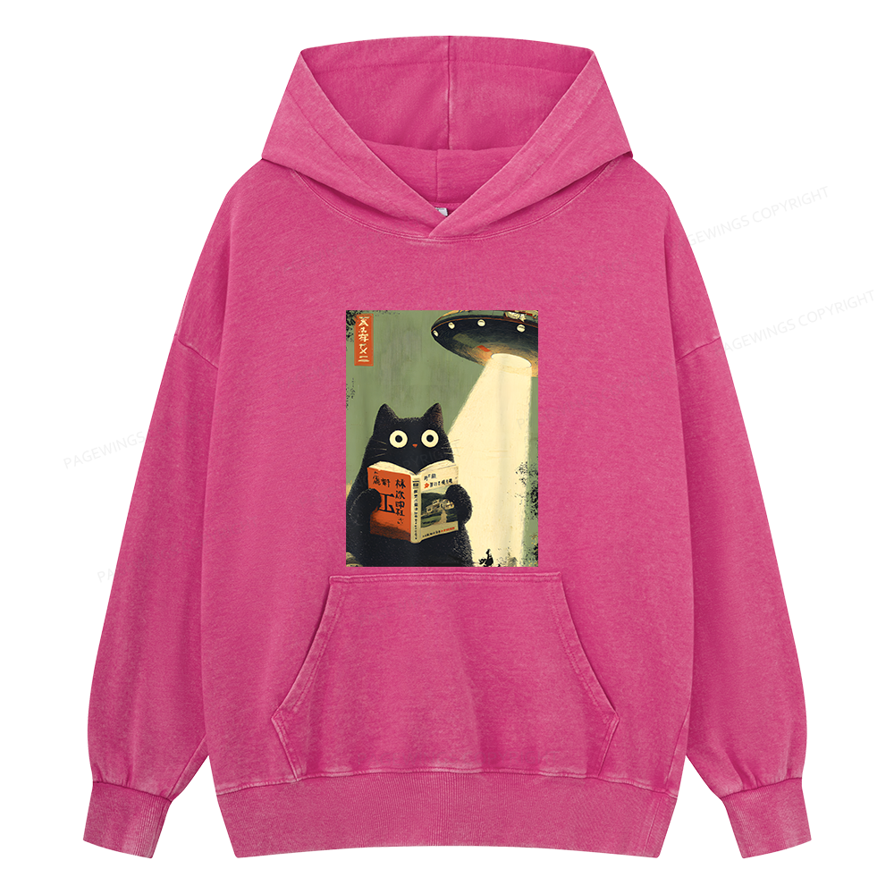 Pagewings Vintage Japanese Cat Book Lovers Unisex Washed Hoodie