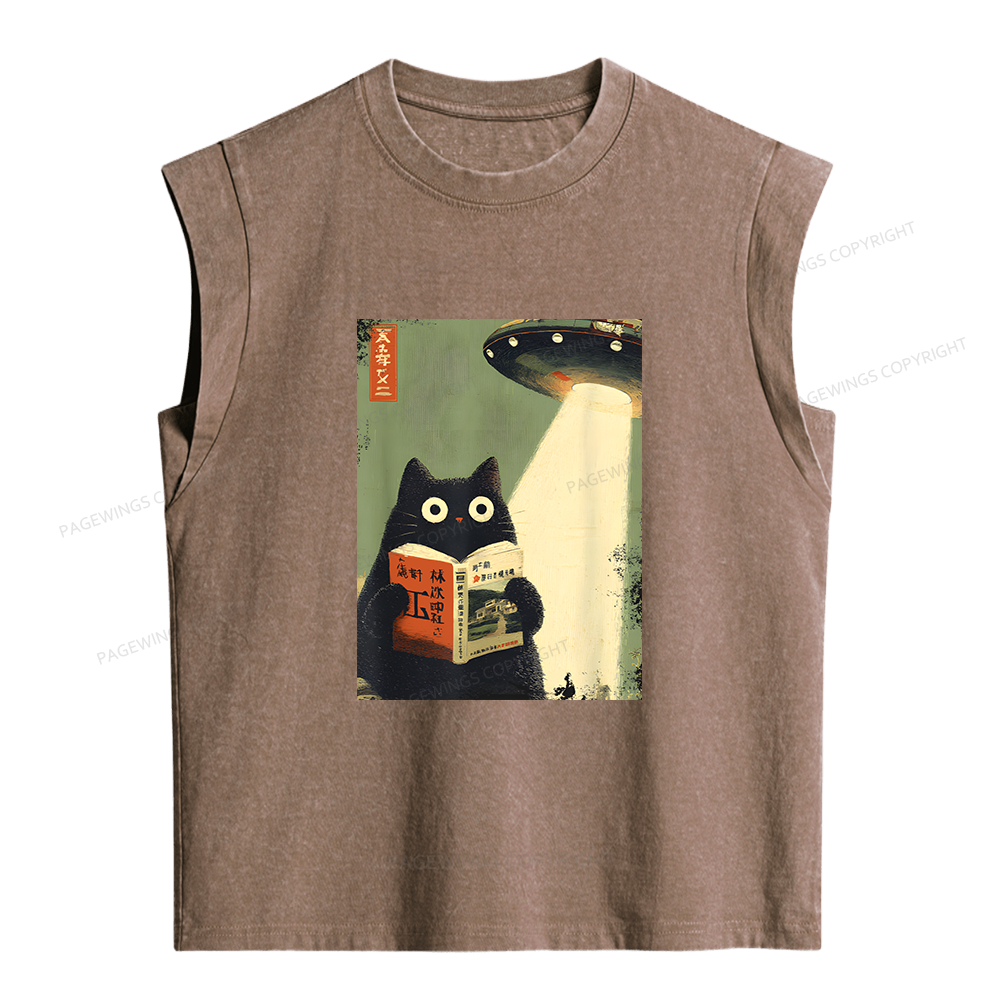 Pagewings Vintage Japanese Cat Book Lovers Women's Washed Tank Top