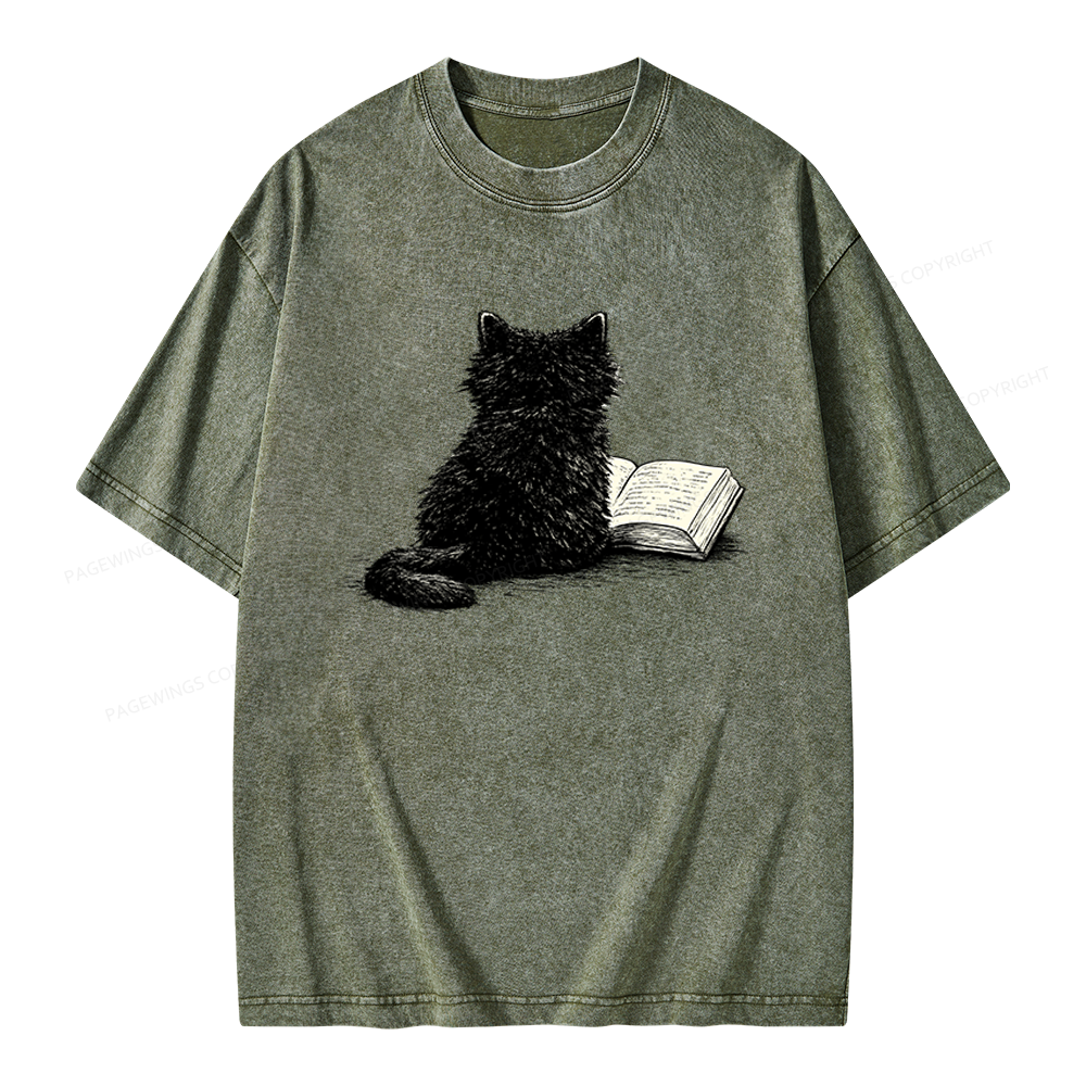 Pagewings Reading Cat Book Lover Unisex Washed T-shirt