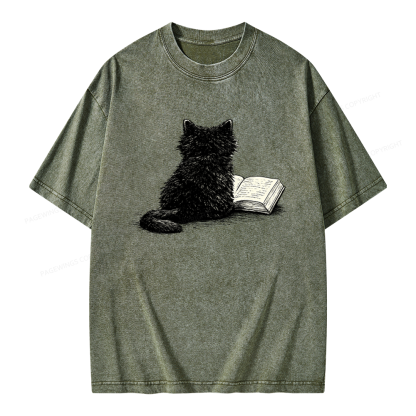 Pagewings Reading Cat Book Lover Unisex Washed T-shirt