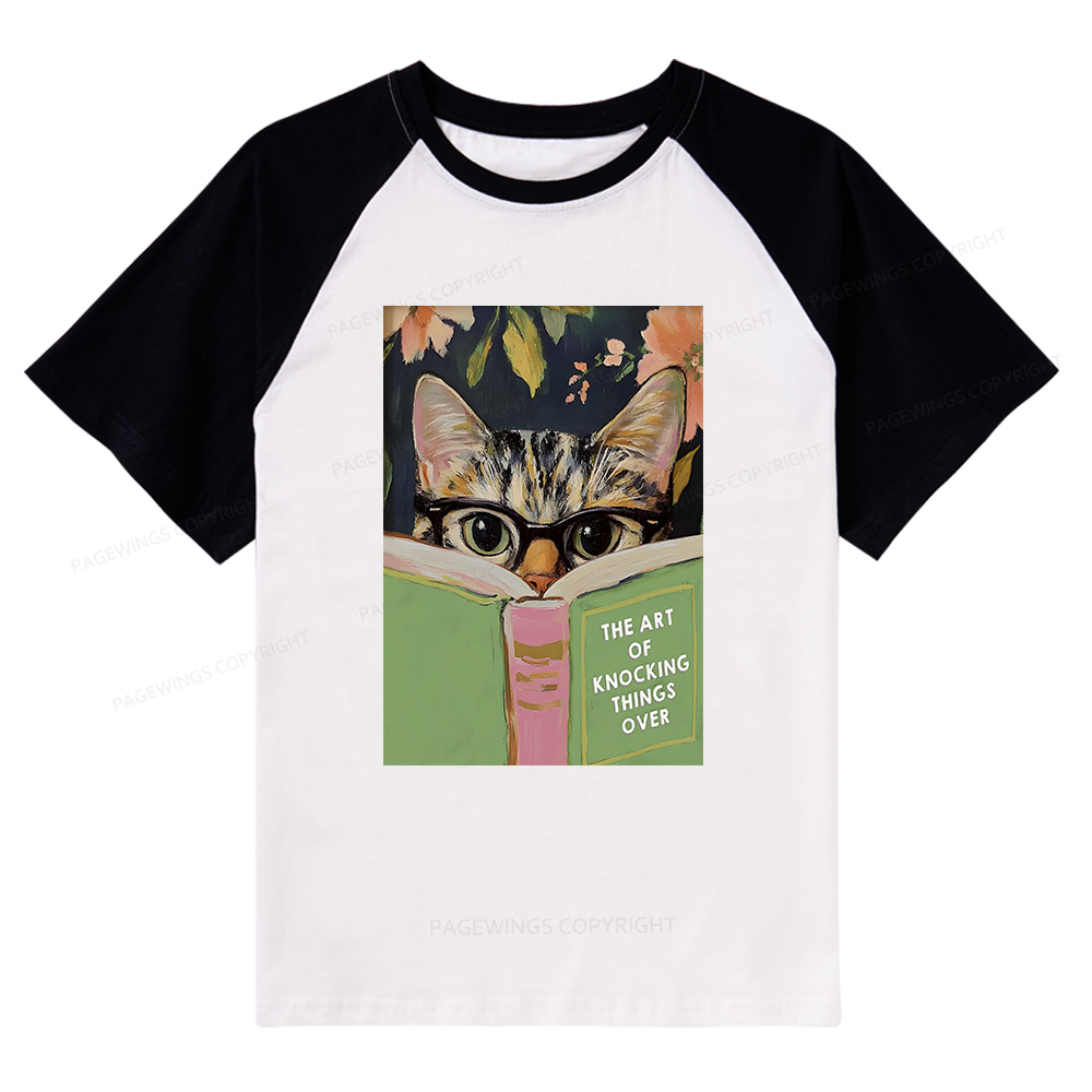 Pagewings Quirky Cat Reading Raglan T-shirt