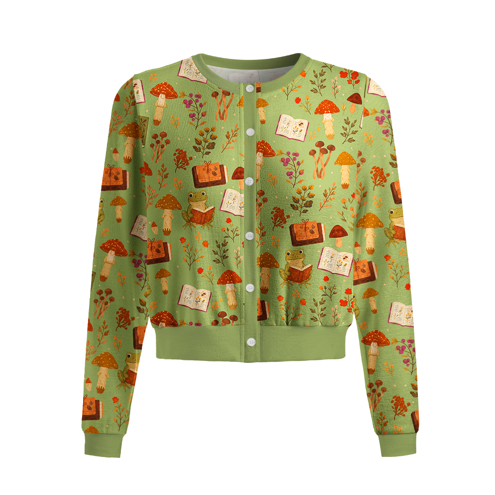Pagewings Frog Reading Lovers Crew Neck Cardigan Sweaters