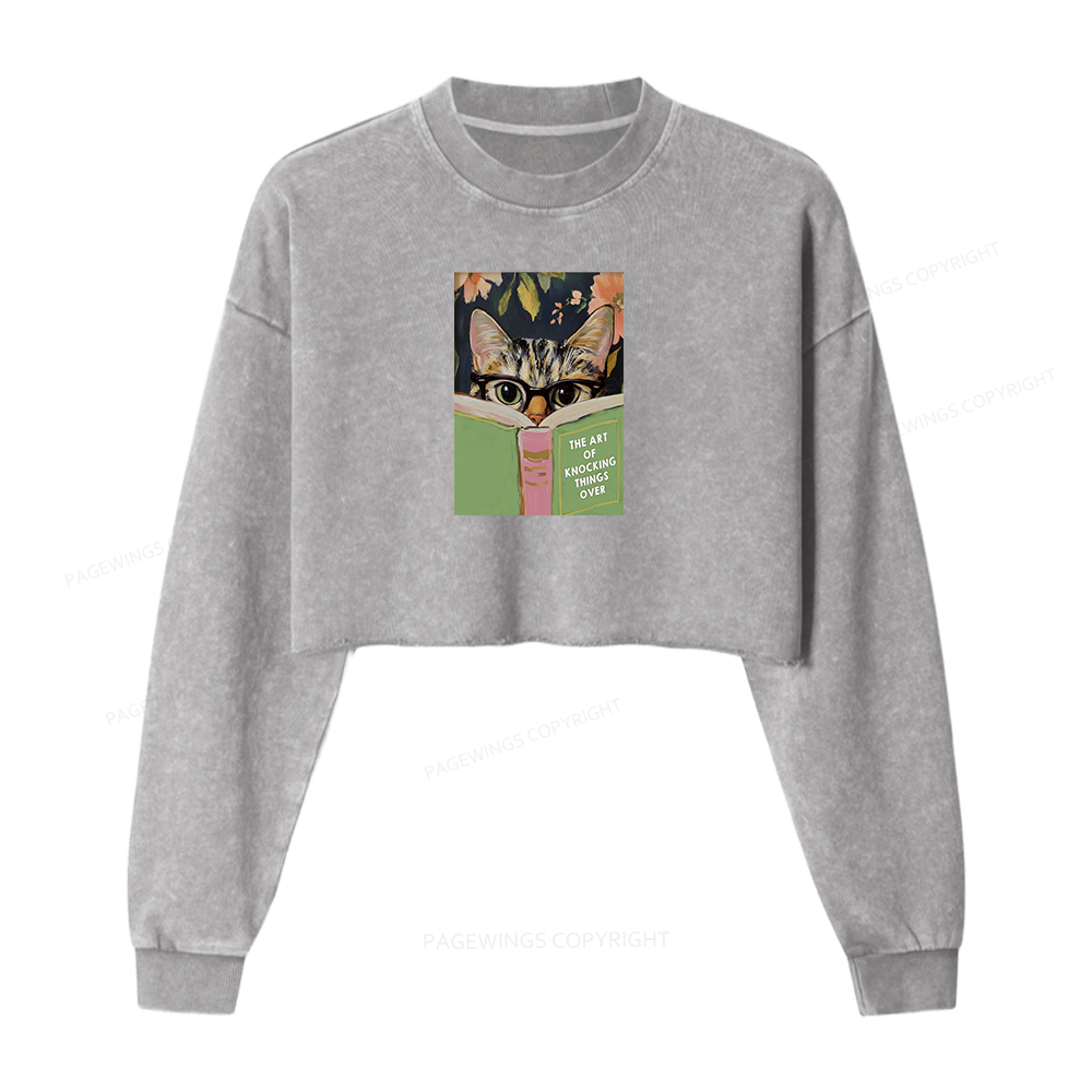 Pagewings Cat Reading Washed Crop Sweatshirt