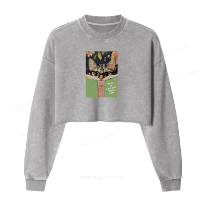 Pagewings Cat Reading Washed Crop Sweatshirt