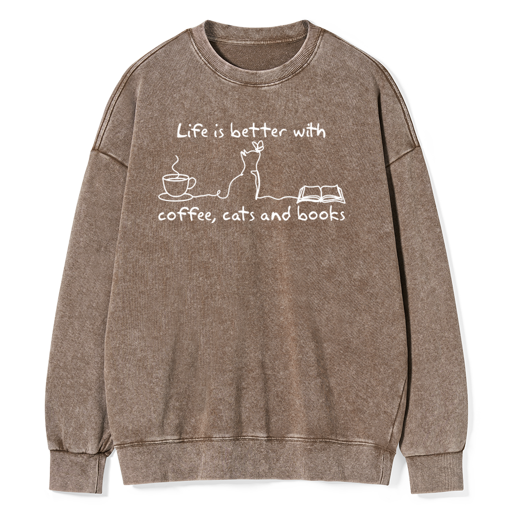 Pagewings Life Is Better With Coffee Cats And Books Unisex Washed Sweatshirt