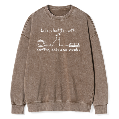 Pagewings Life Is Better With Coffee Cats And Books Unisex Washed Sweatshirt