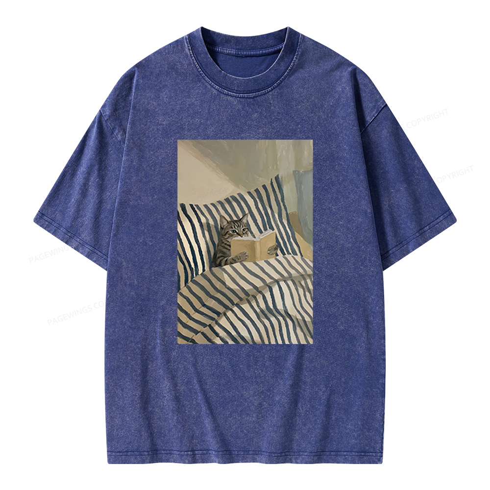 Pagewings Cat Reading Book In Bed Unisex Washed T-shirt
