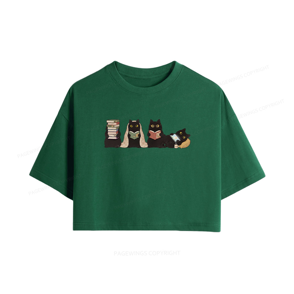 Pagewings Black Cats Reading Women Crop Tops
