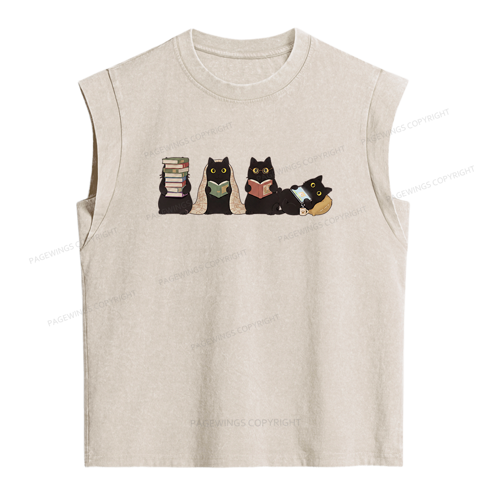 Pagewings Black Cats Reading Women's Washed Tank Top