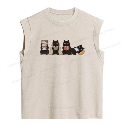 Pagewings Black Cats Reading Women's Washed Tank Top