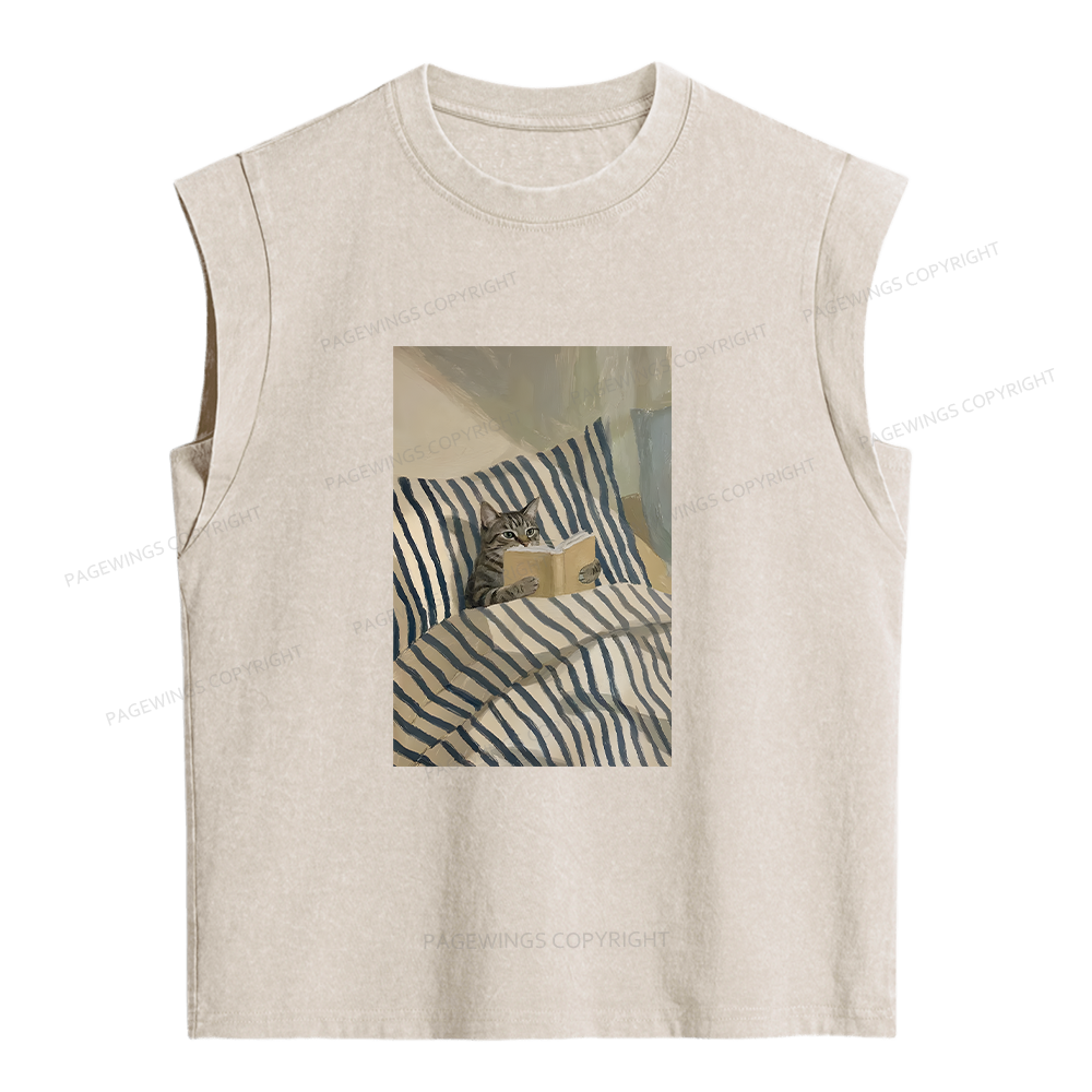Pagewings Cat Reading Book In Bed Women's Washed Tank Top