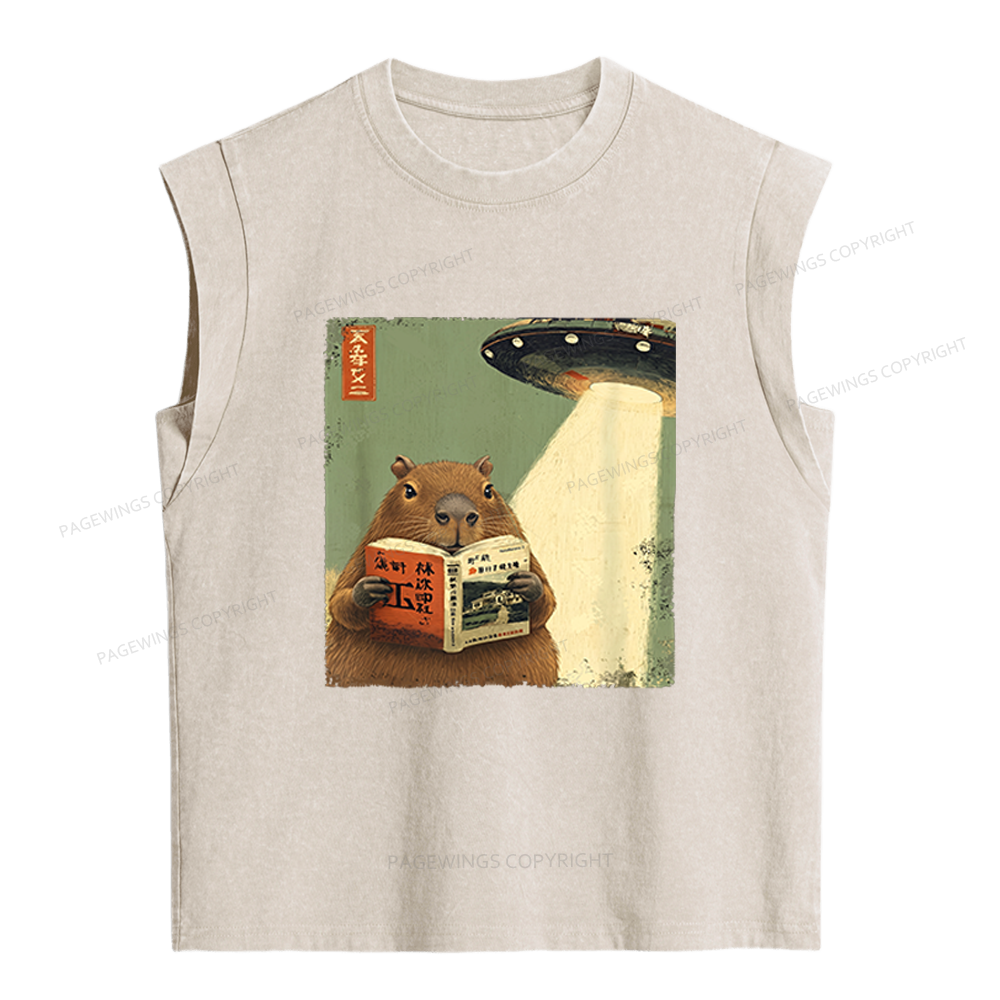 Pagewings Capybara Book Lovers Women's Washed Tank Top