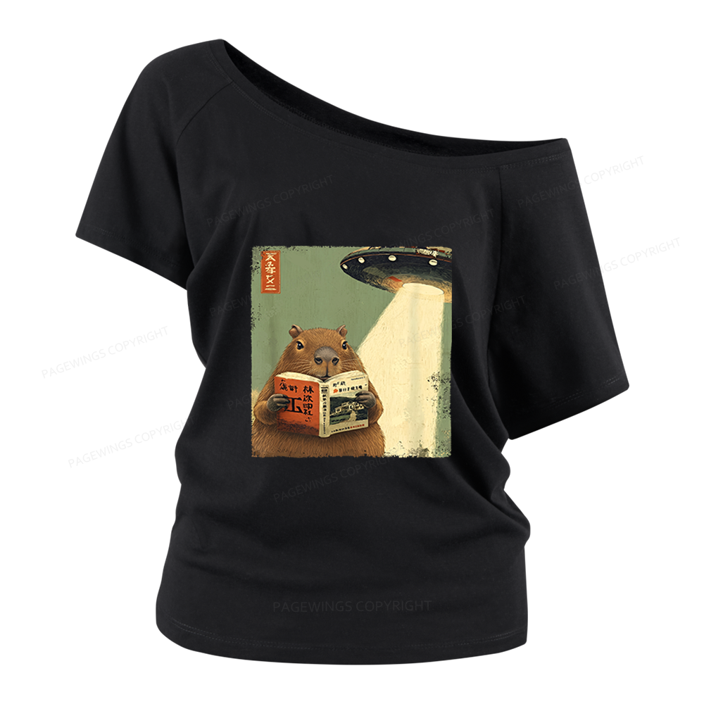 Pagewings Capybara Book Lovers Women Off Shoulder T-shirts