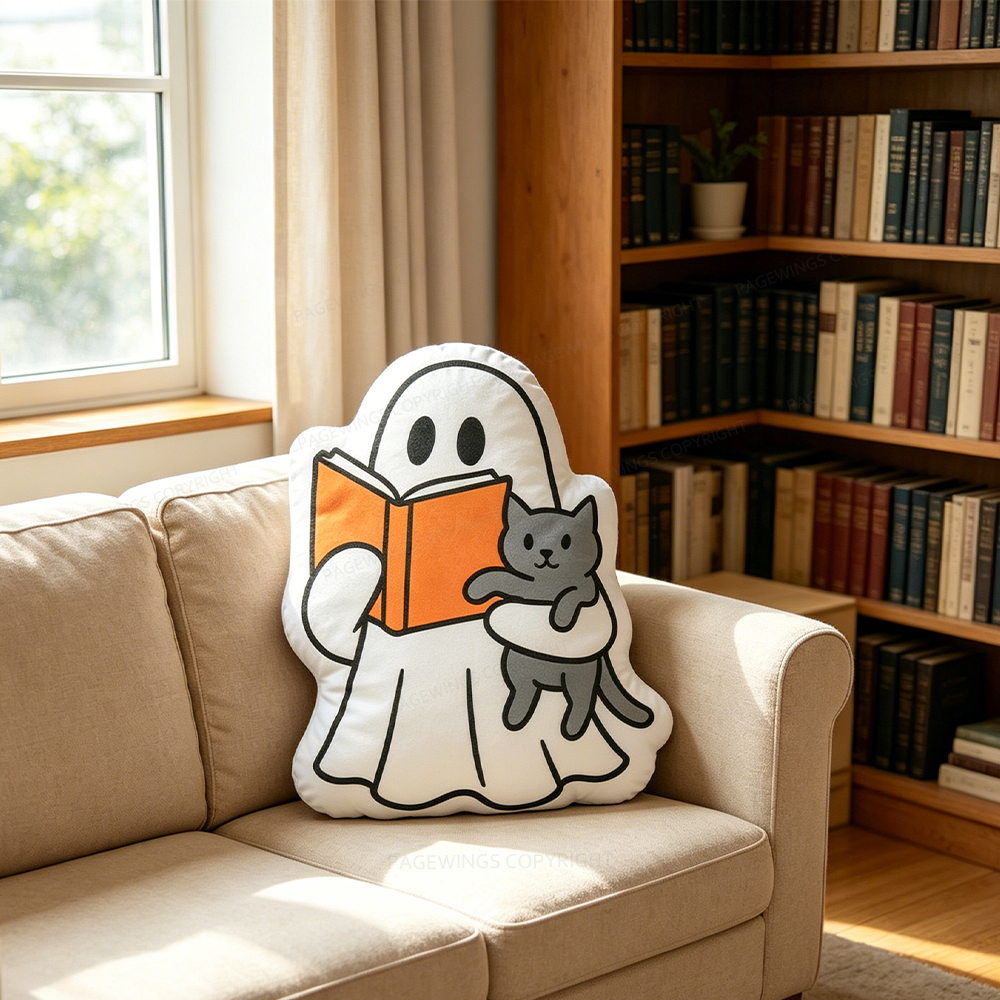 Pagewings Bookish Ghost Holding Cat Shaped Throw Pillow